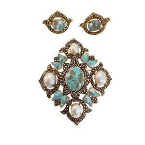 Vintage Sarah Coventry Turquoise & Pearl Clip-On Earrings With Matching Brooch